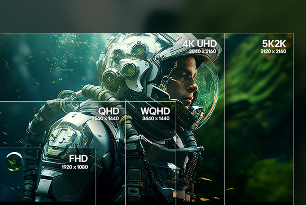Écran LG divisant une image d'astronaute en sections FHD, QHD, WQHD, 4K UHD et 5K2K illustre la résolution.