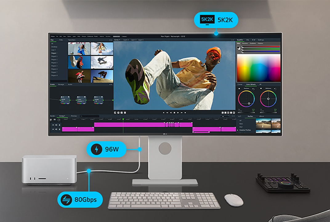 Configuration LG avec 5K2K, 96W et 80Gbps illustre la connectivité et le transfert de données Thunderbolt 5.