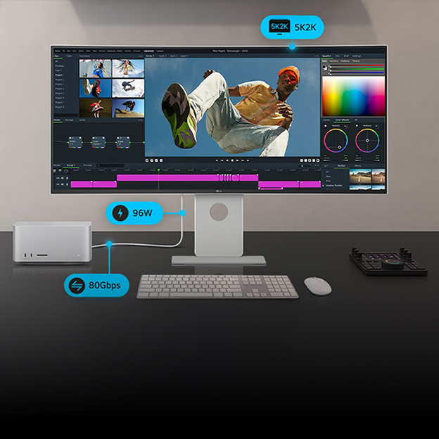 Configuration LG avec 5K2K, 96W et 80Gbps illustre la connectivité et le transfert de données Thunderbolt 5.
