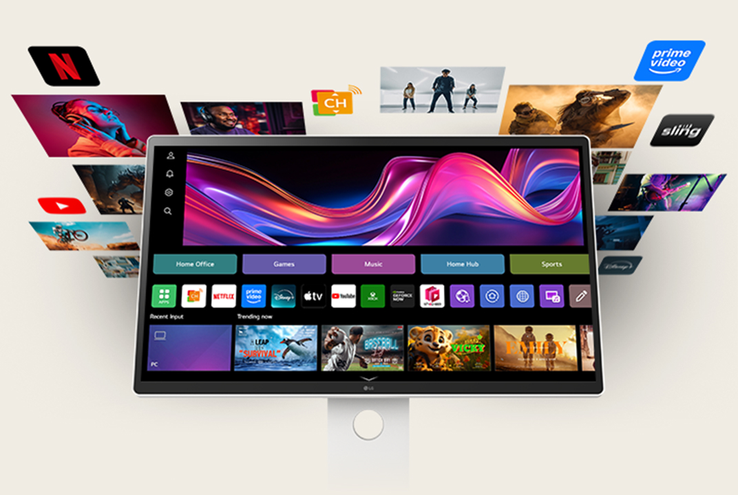 Moniteur intelligent LG montrant l'écran d'accueil webOS avec cartes d'applis illustre l'interface intelligente.