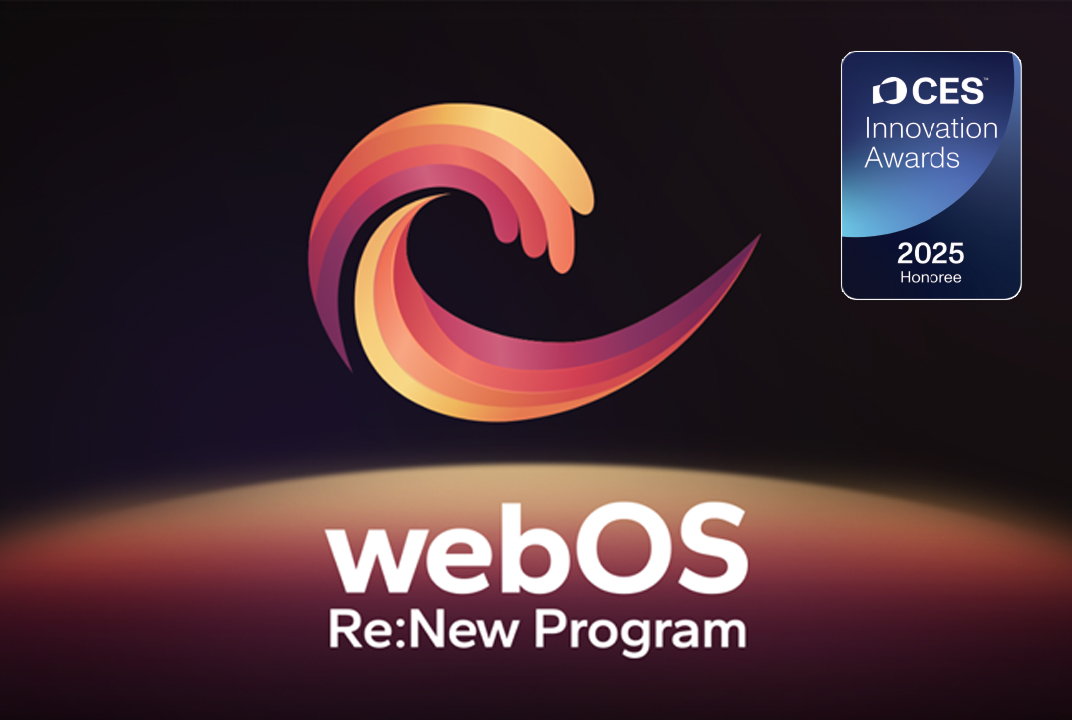 Graphique du moniteur intelligent LG avec logo webOS Re:New Program et badge CES 2025 illustre les mises à jour webOS.