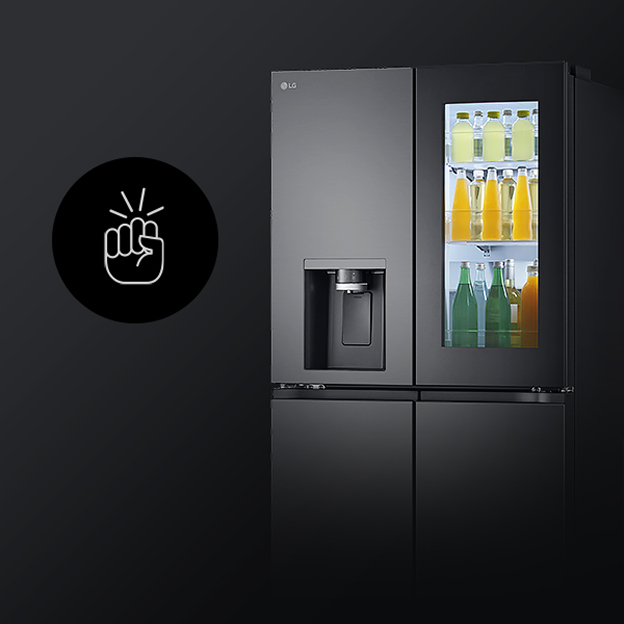 Réfrigérateur LG avec panneau en verre foncé illustre InstaView pour voir l'intérieur sans ouvrir la porte.