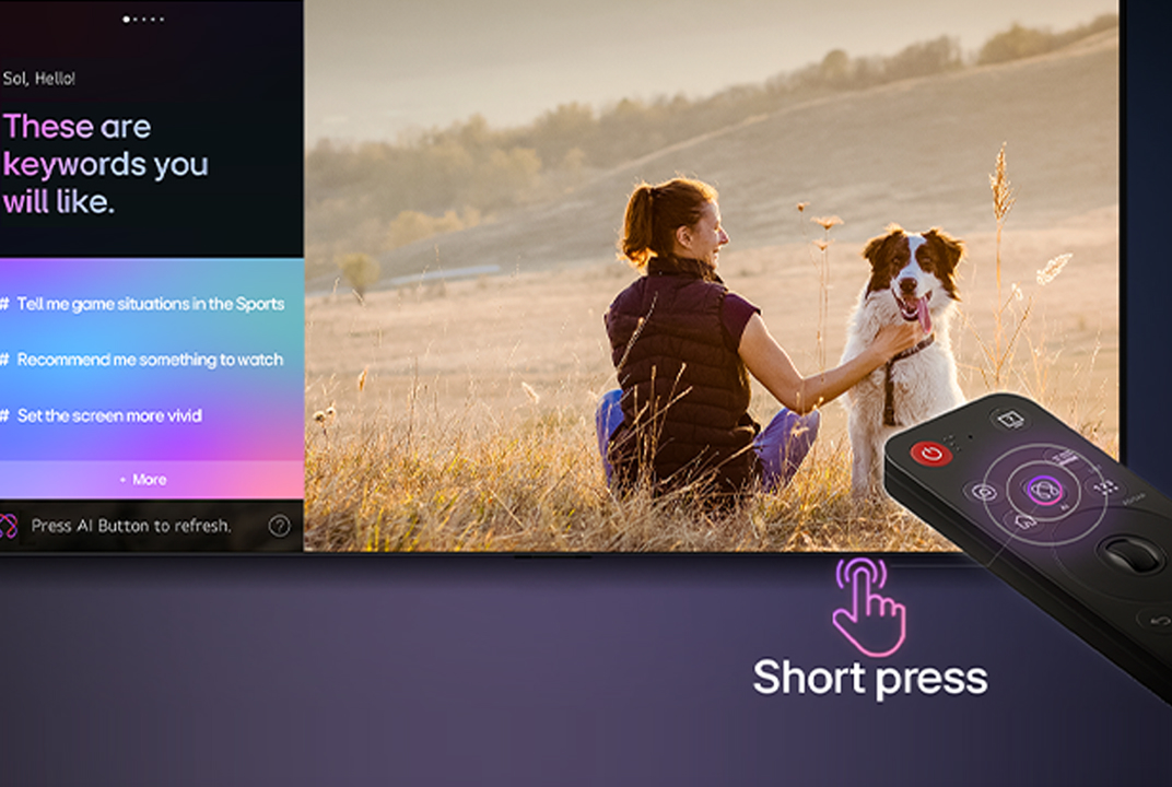 Écran LG TV avec femme, chien et panneau de mots-clés, illustrant les suggestions de l'AI Concierge.