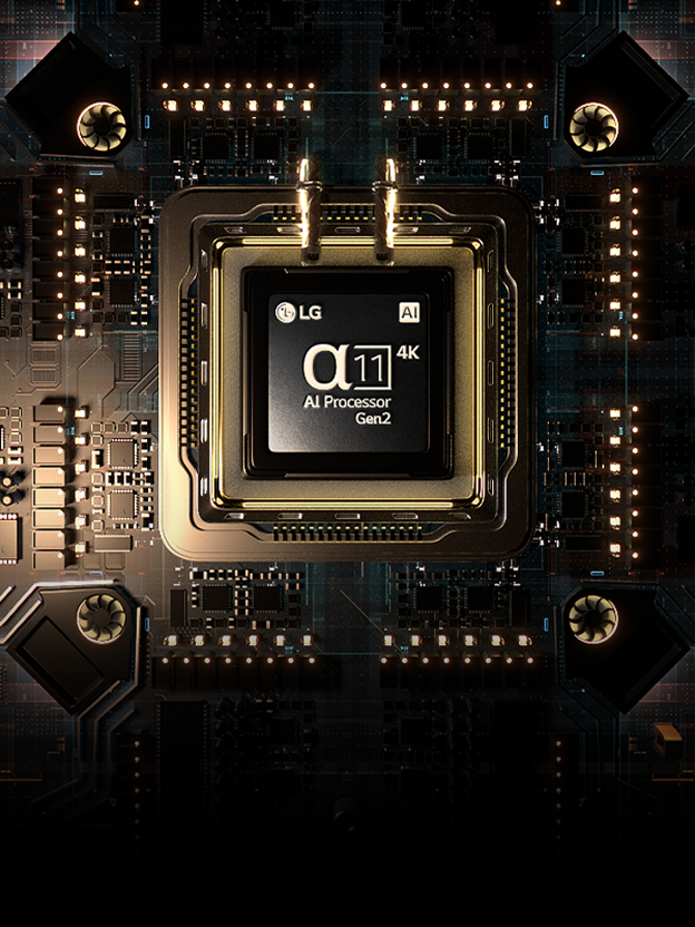 Puce de processeur LG TV brillant sur circuit imprimé illustrant image et performance optimisées par IA.