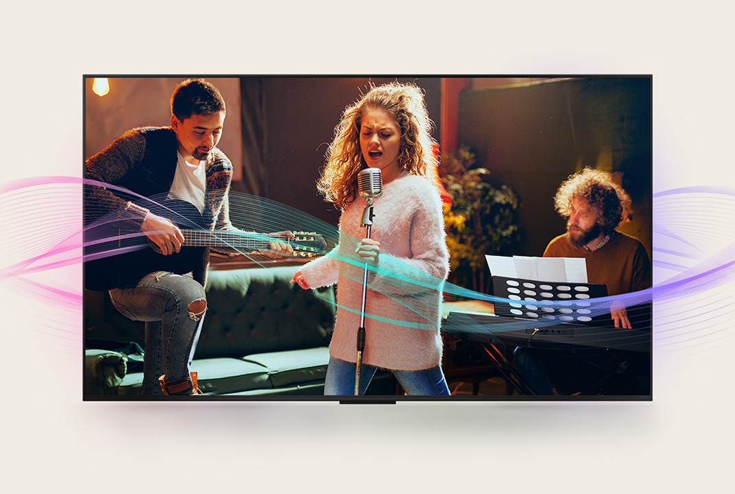 Image de scène de concert LG TV avec ondes sonores, illustrant le traitement audio immersif AI Sound Pro.
