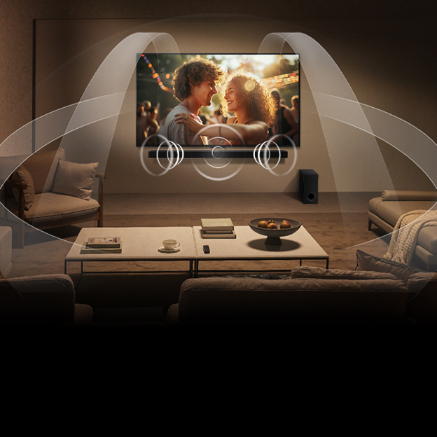 Écran LG TV avec couple, ondes sonores et icônes de haut-parleurs, illustrant le son surround immersif Dolby Atmos.