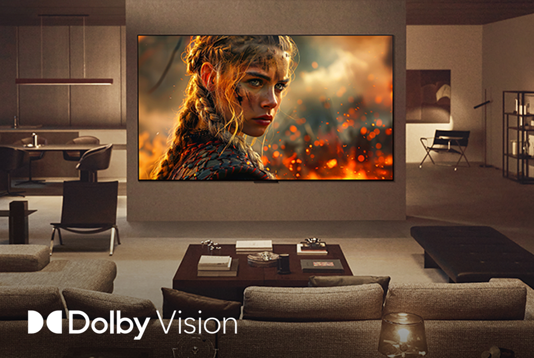 Scène de film sur LG TV avec texte Dolby Vision, illustrant la luminosité, le contraste et les couleurs cinématographiques.