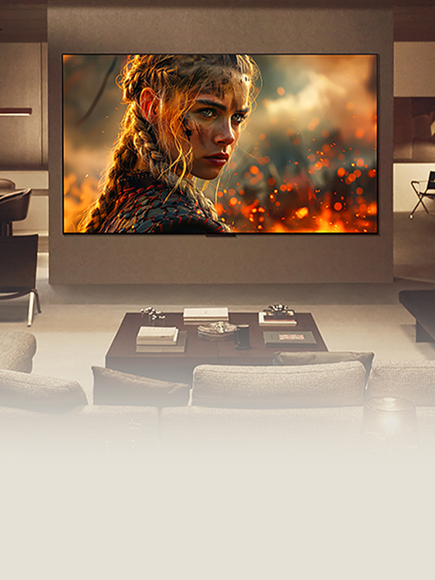 Scène de film sur LG TV avec texte Dolby Vision, illustrant la luminosité, le contraste et les couleurs cinématographiques.