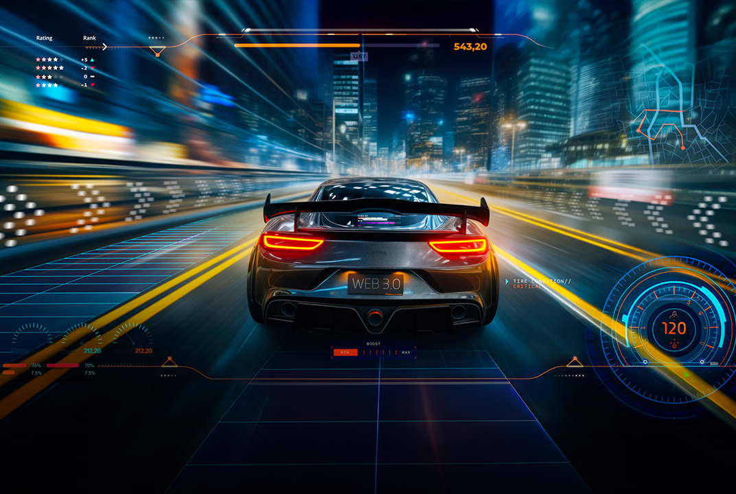 Écran LG TV avec voiture de course et graphismes HUD, illustrant le jeu sans déchirure avec NVIDIA G-SYNC et AMD FreeSync Premium.