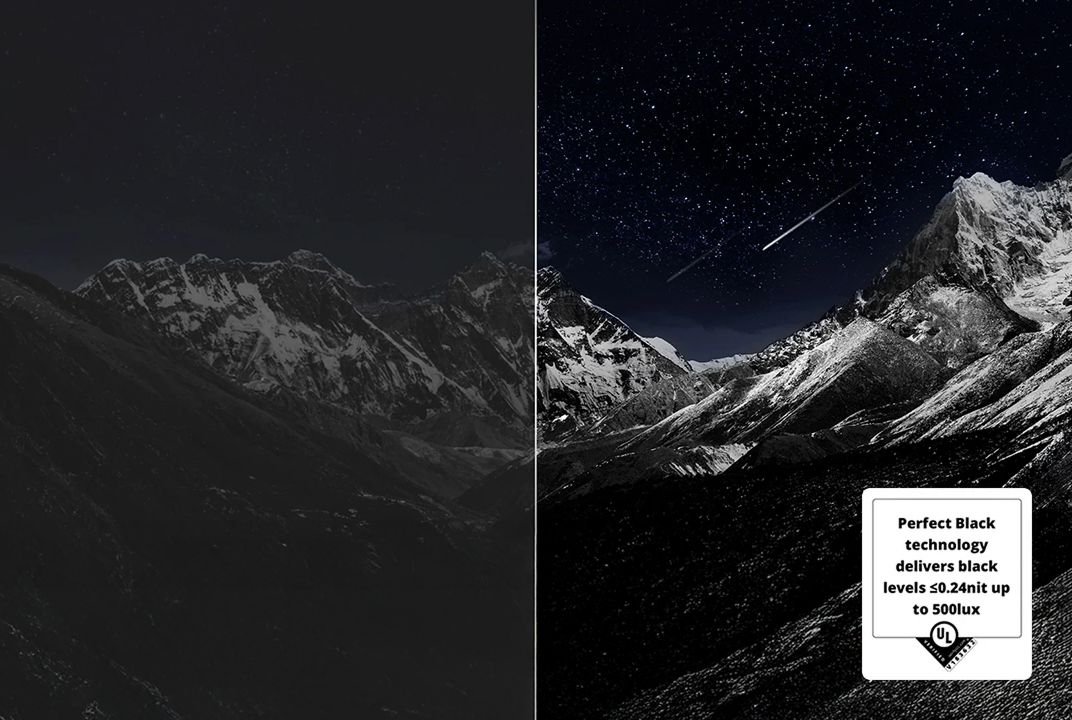 Écran LG OLED TV affichant paysage de montagne sombre, illustrant le Perfect Black et le contraste des ombres.