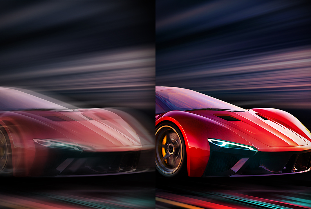 Écran LG TV avec voiture de sport rouge, illustrant la clarté des mouvements grâce au taux de rafraîchissement élevé.