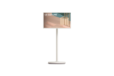Vue avant du LG StanbyME TV avec un Display vertical monté sur un support mobile à roulettes.