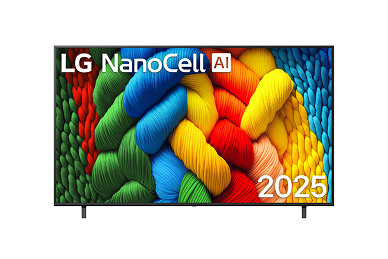 Vue avant du téléviseur NanoCell, avec le logo LG NanoCell AI dans le coin supérieur. Le LG NanoCell NANO80 TV présente des textures colorées semblables à des coups de pinceau se mélangeant harmonieusement.