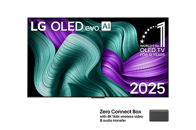 Vue avant du LG OLED M5 Signature TV. L’écran affiche l’emblème « 12 Years of World’s No.1 OLED » ainsi que le logo LG Signature OLED M. La Zero Connect Box est visible dans le coin avec le titre : Zero Connect Box avec transmission sans fil vidéo et audio 4K 144 Hz.