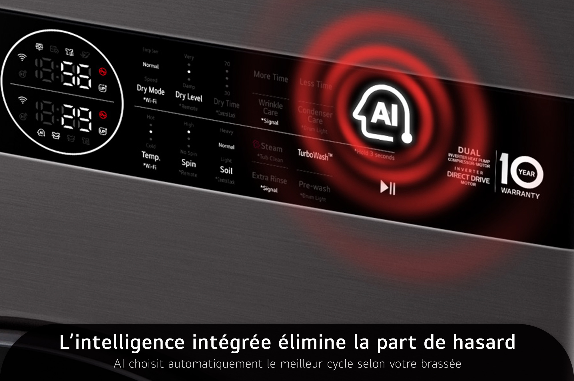 Le panneau Center Control™ du LG WashTower WKHC252HBA en Noir Acier, mettant en évidence l'intelligence artificielle (IA) intégrée qui règle automatiquement les cycles de lavage et de séchage optimaux.