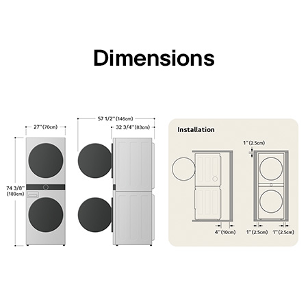 Schéma technique de dimensions et d'installation du LG WashTower : 27 po (70 cm) de largeur, 74 3/8 po (189 cm) de hauteur, 32 3/4 po (83 cm) de profondeur et 57 1/2 po (146 cm) porte ouverte, avec dégagements d'installation.