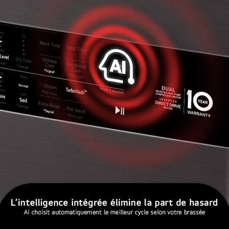 Le panneau Center Control™ du LG WashTower WKHC252HBA en Noir Acier, mettant en évidence l'intelligence artificielle (IA) intégrée qui règle automatiquement les cycles de lavage et de séchage optimaux.