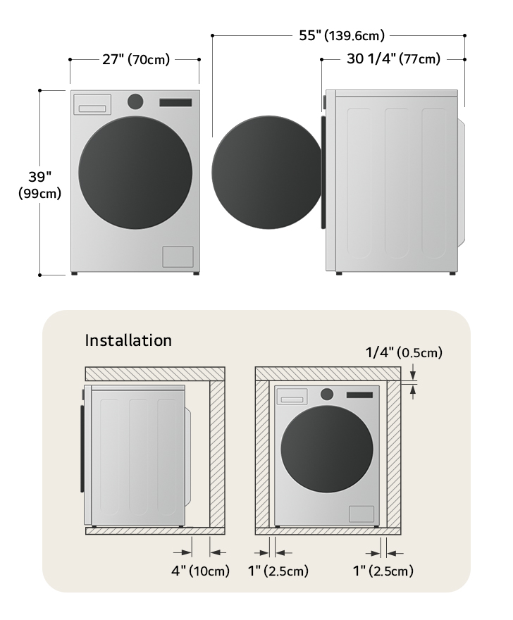 Schéma technique de dimensions et d'installation du lave-linge frontal LG : 27 po (70 cm) de largeur, 39 po (99 cm) de hauteur, 30 1/4 po (77 cm) de profondeur et 55 po (139,6 cm) porte ouverte, avec dégagements d'installation.
