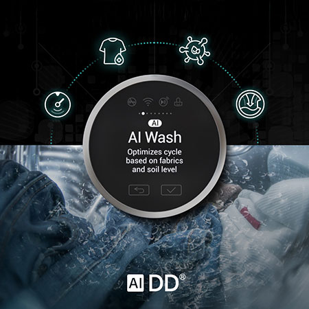 Illustration graphique des technologies AI DD® et AI Wash du lave-linge frontal LG WM5500HVA, qui optimise automatiquement le cycle de lavage en fonction du tissu et du niveau de saleté.