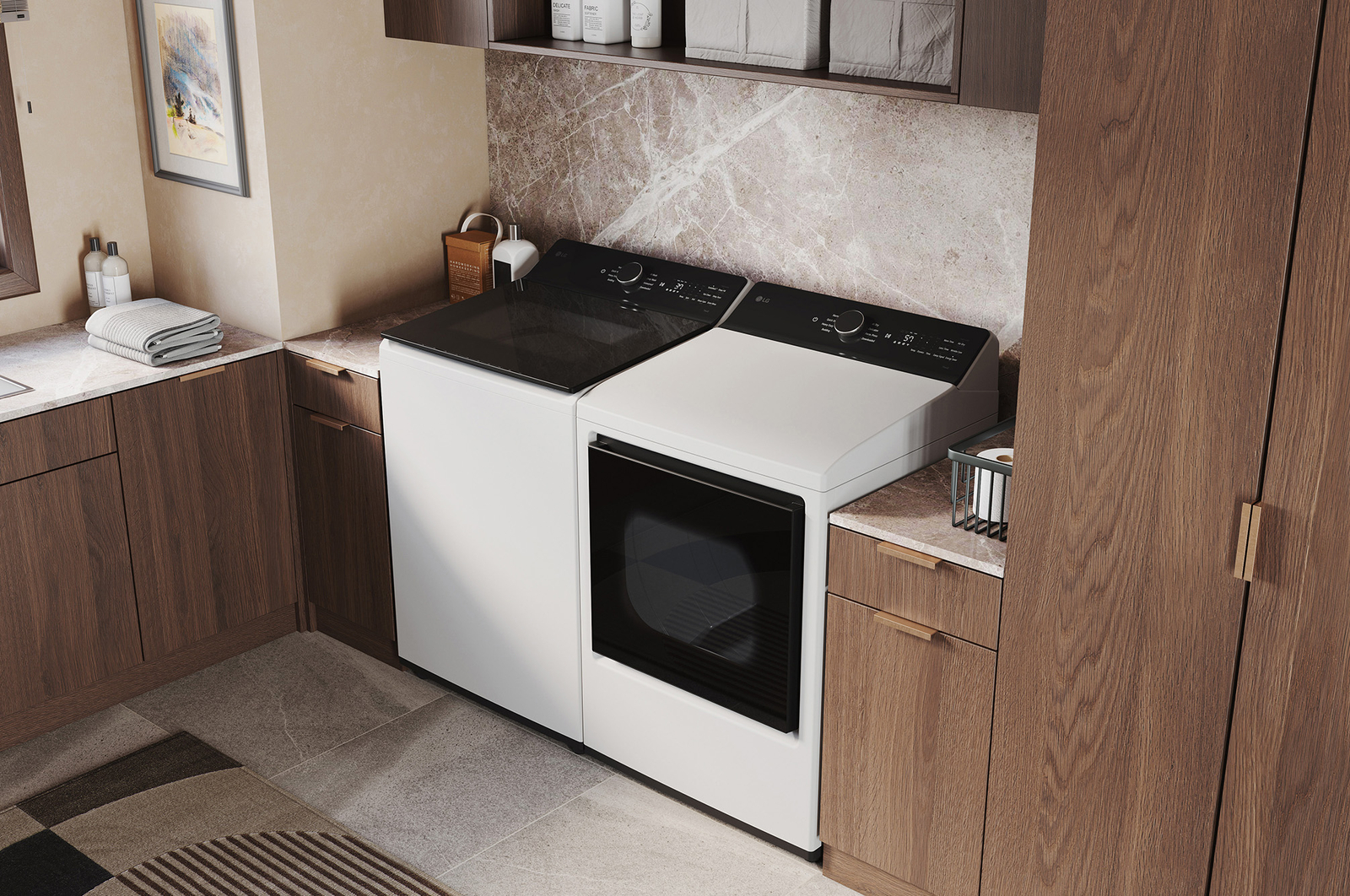 L'ensemble lave-linge et sèche-linge à chargement par le haut LG (WT8400CW) Blanc, illustrant son design haut de gamme intégré harmonieusement dans une buanderie luxueuse avec marbre.