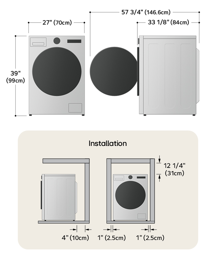 Schéma technique de dimensions et d'installation du lave-linge séchant frontal LG : 27 po (70 cm) de largeur, 39 po (99 cm) de hauteur, 33 1/8 po (84 cm) de profondeur et 57 3/4 po (146,6 cm) porte ouverte, avec dégagements d'installation.