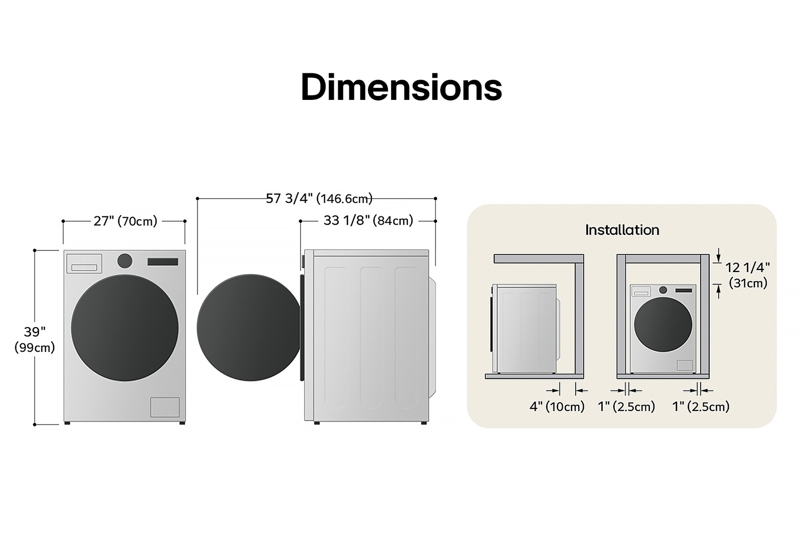 Schéma technique de dimensions et d'installation du lave-linge séchant frontal LG : 27 po (70 cm) de largeur, 39 po (99 cm) de hauteur, 33 1/8 po (84 cm) de profondeur et 57 3/4 po (146,6 cm) porte ouverte, avec dégagements d'installation.