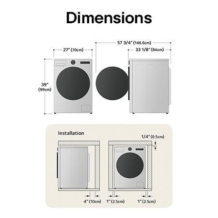 Schéma technique de dimensions et d'installation du lave-linge séchant frontal LG : 27 po (70 cm) de largeur, 39 po (99 cm) de hauteur, 33 1/8 po (84 cm) de profondeur et 57 3/4 po (146,6 cm) porte ouverte, avec dégagements d'installation.