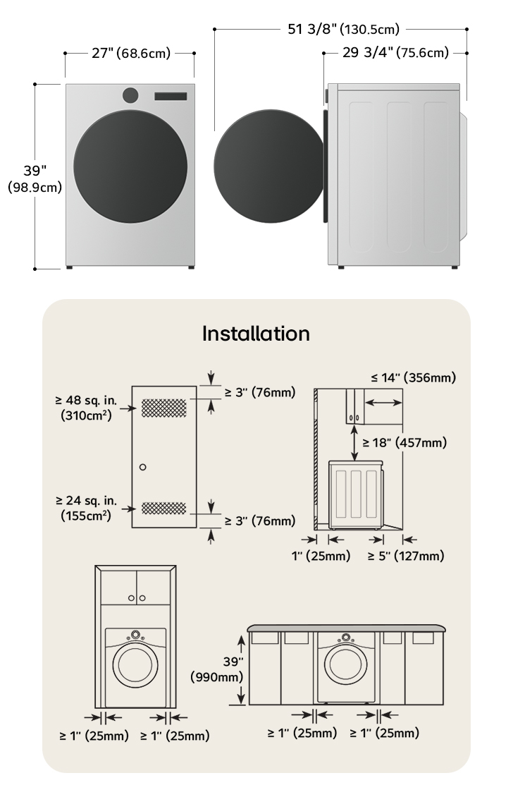 Dessin technique du sécheuse LG : L 27 po (68,6 cm), H 39 po (98,9 cm), P 29 3/4 po (75,6 cm) (porte ouverte 51 3/8 po/130,5 cm), dégagements incl.