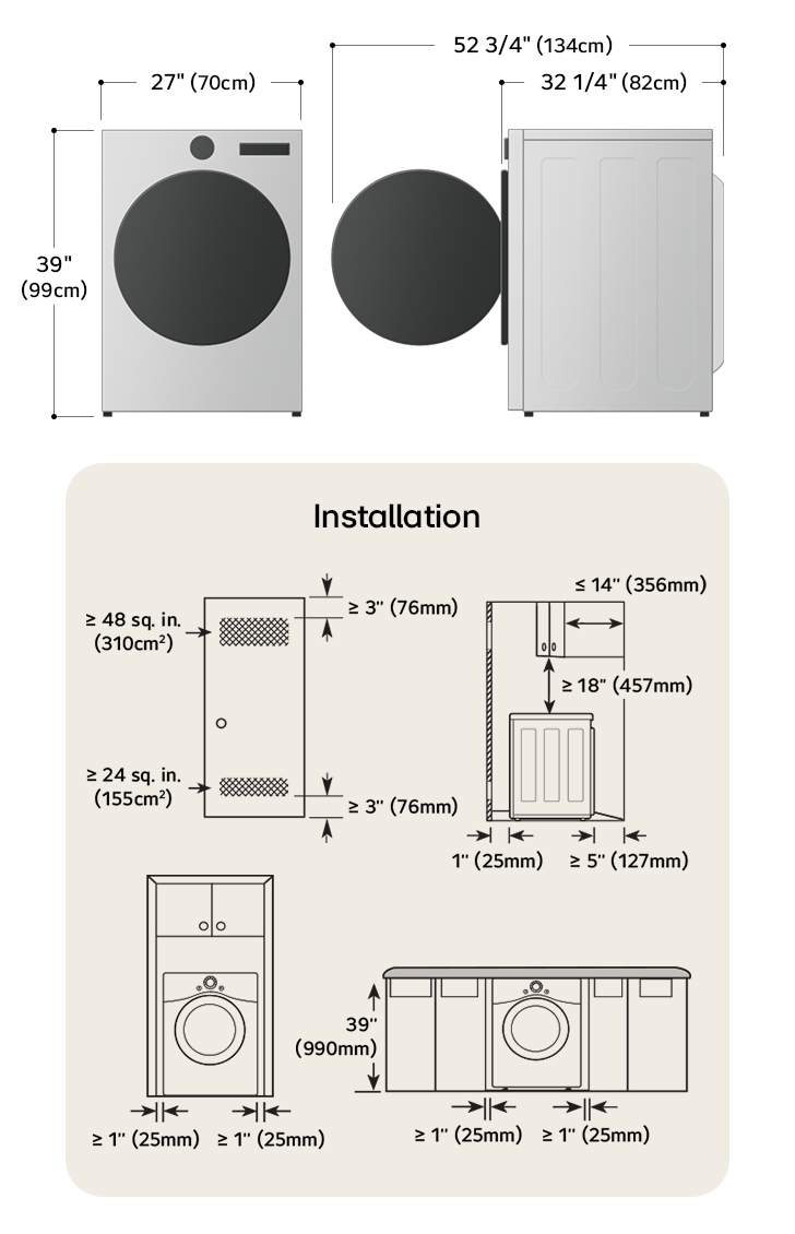 Schéma technique de dimensions et d'installation du sèche-linge frontal LG : 27 po (70 cm) de largeur, 39 po (99 cm) de hauteur, 32 1/4 po (82 cm) de profondeur et 52 3/4 po (134 cm) porte ouverte, avec dégagements et exigences de ventilation requis.