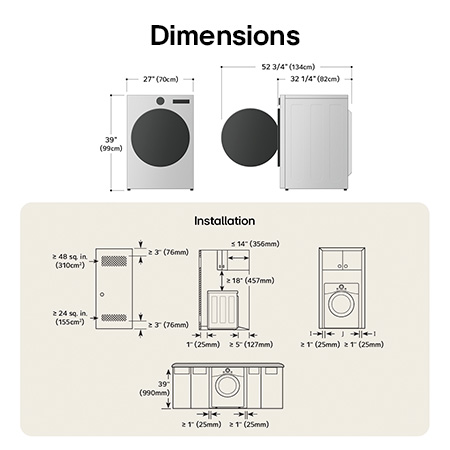 Schéma technique de dimensions et d'installation du sèche-linge frontal LG : 27 po (70 cm) de largeur, 39 po (99 cm) de hauteur, 32 1/4 po (82 cm) de profondeur et 52 3/4 po (134 cm) porte ouverte, avec dégagements et exigences de ventilation requis.