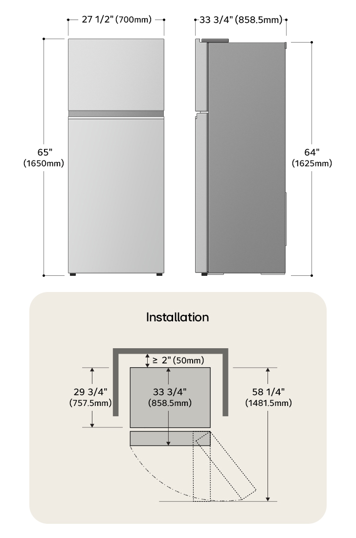 Dessin technique du réfrigérateur à congélateur supérieur LG : H 65 po (1650 mm), L 27 1/2 po (700 mm), P 33 3/4 po (858,5 mm), dégagements incl.