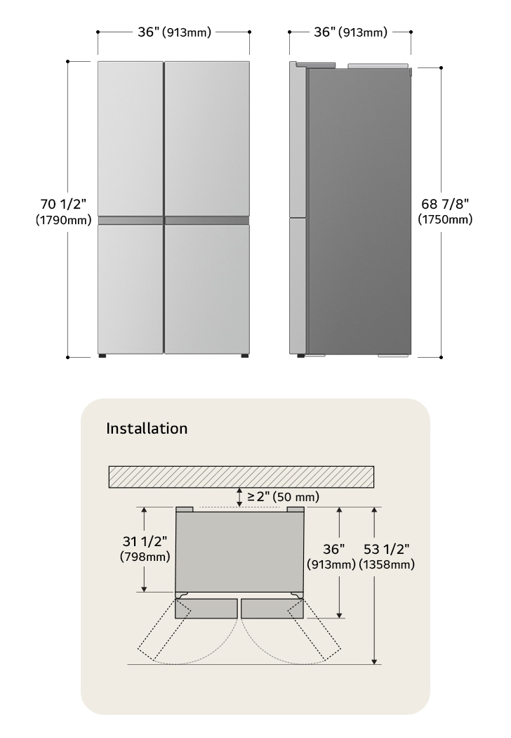 Dessin technique du réfrigérateur côte à côte LG : H 70 1/2 po (1790 mm), L 36 po (913 mm), P 36 po (913 mm), dégagements incl.