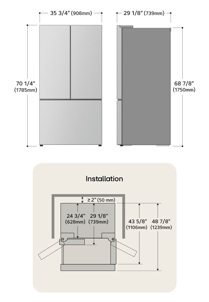 Dessin technique du réfrigérateur à portes françaises LG : H 70 1/4 po (1785 mm), L 35 3/4 po (908 mm), P 29 1/8 po (739 mm), dégagements incl.