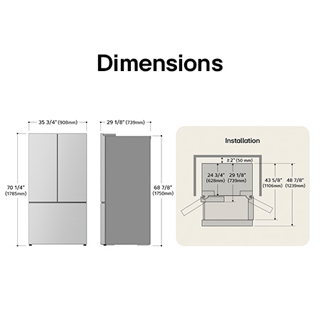 Dessin technique du réfrigérateur à portes françaises LG LRYKC2606S : H 70 1/4 po (1785 mm), L 35 3/4 po (908 mm), P 29 1/8 po (739 mm), dégagements incl.