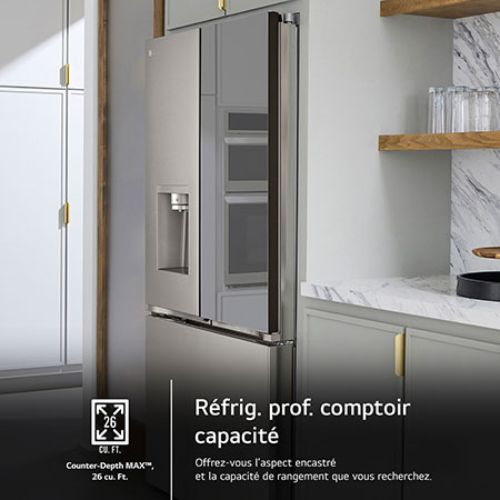 Le design Counter-Depth MAX™ du réfrigérateur LG LRYKC2606S, offrant une apparence encastrée avec une grande capacité de 26 pi³.