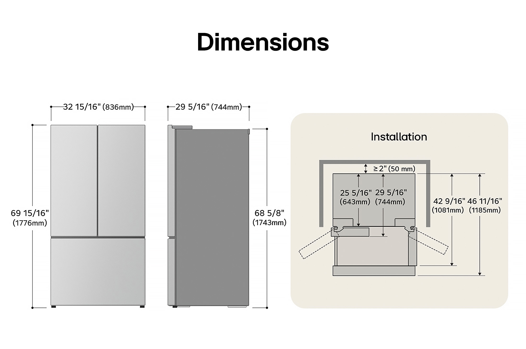 Dessin technique du réfrigérateur à portes françaises LG LF20C6330S : H 69 15/16 po (1776 mm), L 32 15/16 po (836 mm), P 29 5/16 po (744 mm), dégagements incl.