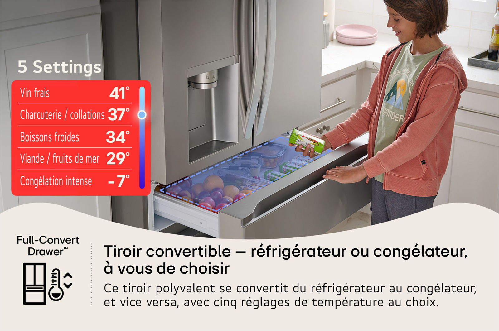 Le tiroir Full-Convert™ du réfrigérateur LG LF29S8365S, se convertissant entre les modes réfrigérateur et congélateur avec 5 réglages de température.