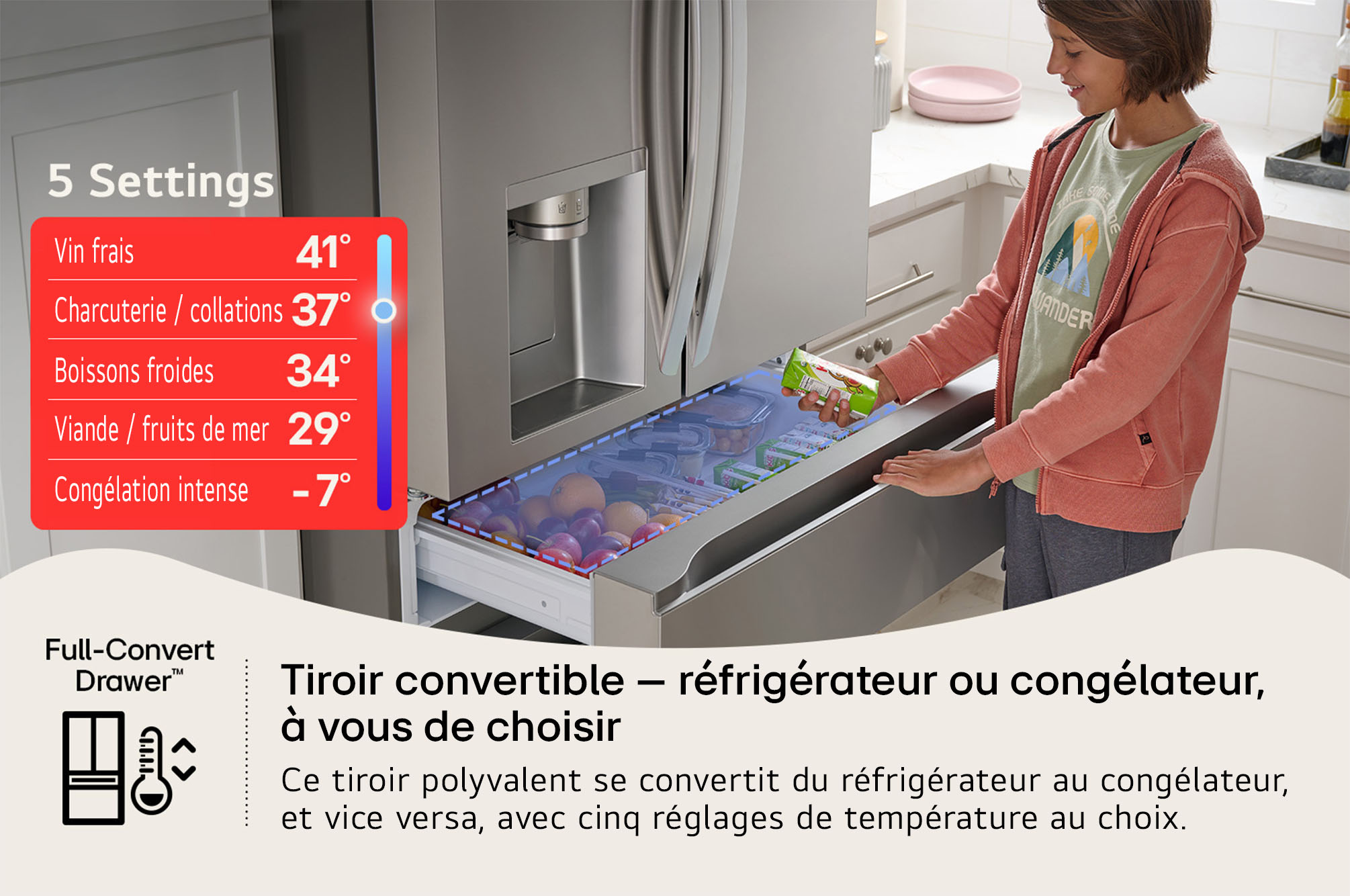Le tiroir Full-Convert™ du réfrigérateur LG LF29S8365S, se convertissant entre les modes réfrigérateur et congélateur avec 5 réglages de température.