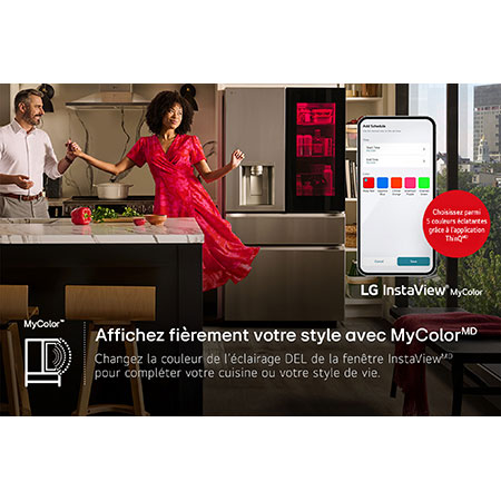 La fonction InstaView® MyColor™ du réfrigérateur LG LF29S8365S, montrant la lumière du panneau personnalisée via l'application ThinQ® avec 5 options de couleur.