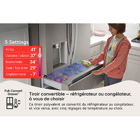 Le tiroir Full-Convert™ du réfrigérateur LG LF29S8365S, se convertissant entre les modes réfrigérateur et congélateur avec 5 réglages de température.