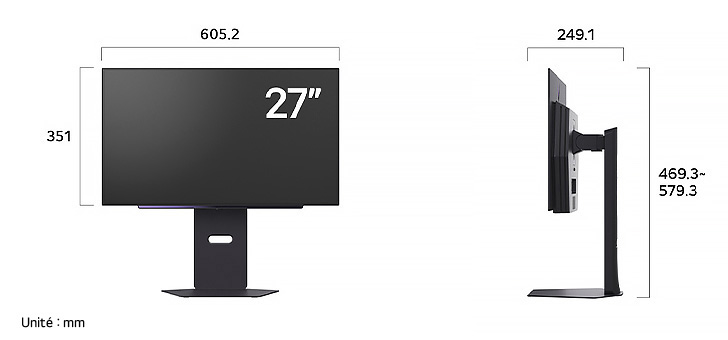 Moniteur LG 27GX790A au fini sombre affichant les dimensions de face et de profil, mesurant 605.2 mm de largeur, 351 mm de hauteur d'écran, 469.3 mm de hauteur totale et 249.1 mm de profondeur.