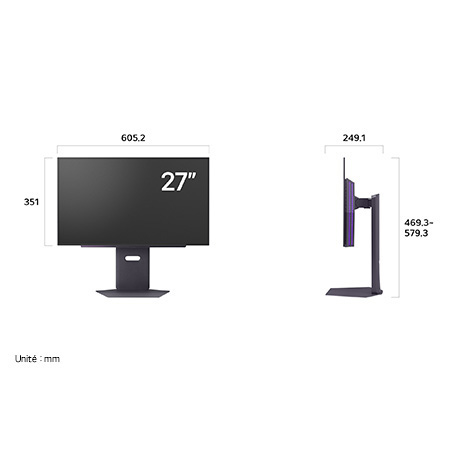 Moniteur LG 27GX790A au fini sombre affichant les dimensions de face et de profil, mesurant 605.2 mm de largeur, 351 mm de hauteur d'écran, 469.3 mm de hauteur totale et 249.1 mm de profondeur.