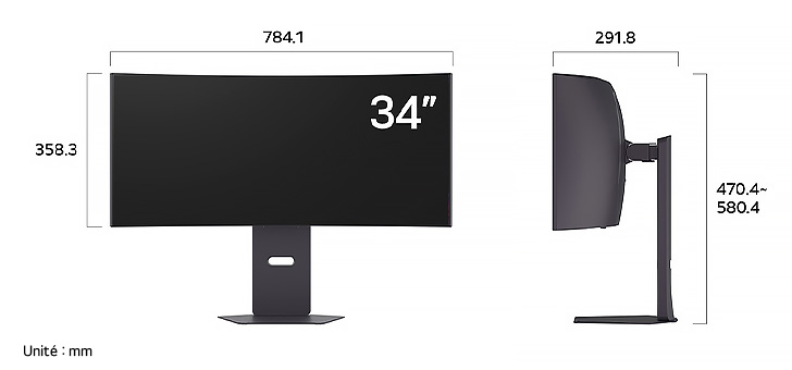 Moniteur LG 34GX900A au fini sombre affichant les dimensions de l'écran incurvé, mesurant 784.1 mm de largeur, 358.3 mm de hauteur d'écran, 470.4~580.4 mm de hauteur totale et 291.8 mm de profondeur.