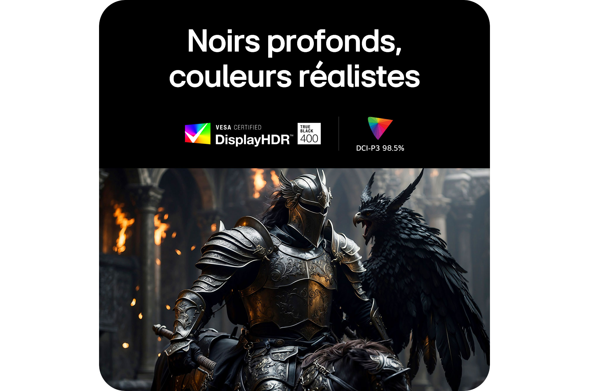 Moniteur LG 34GX900A produisant des noirs plus profonds et des couleurs réalistes grâce à la certification VESA DisplayHDR™ 400 (True Black) et à la couverture 98.5% DCI-P3.