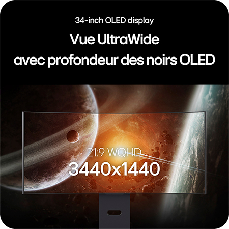 Moniteur LG 34GX900A affichant l'écran OLED UltraWide de 34 pouces, mettant en avant la résolution 21:9 WQHD (3440x1440) et la technologie OLED noir profond pour des images incroyables.