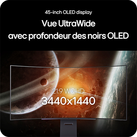 Moniteur LG 45GX900A affichant l'écran OLED UltraWide de 45 pouces, mettant en avant la résolution 21:9 WQHD (3440x1440) et la technologie OLED noir profond pour des images incroyables.