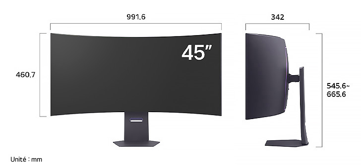 Moniteur LG 45GX950A au fini sombre affichant les dimensions de l'écran incurvé de 45 pouces, mesurant 991.6 mm de largeur, 460.7 mm de hauteur d'écran, 545.6~665.5 mm de hauteur totale et 342 mm de profondeur.