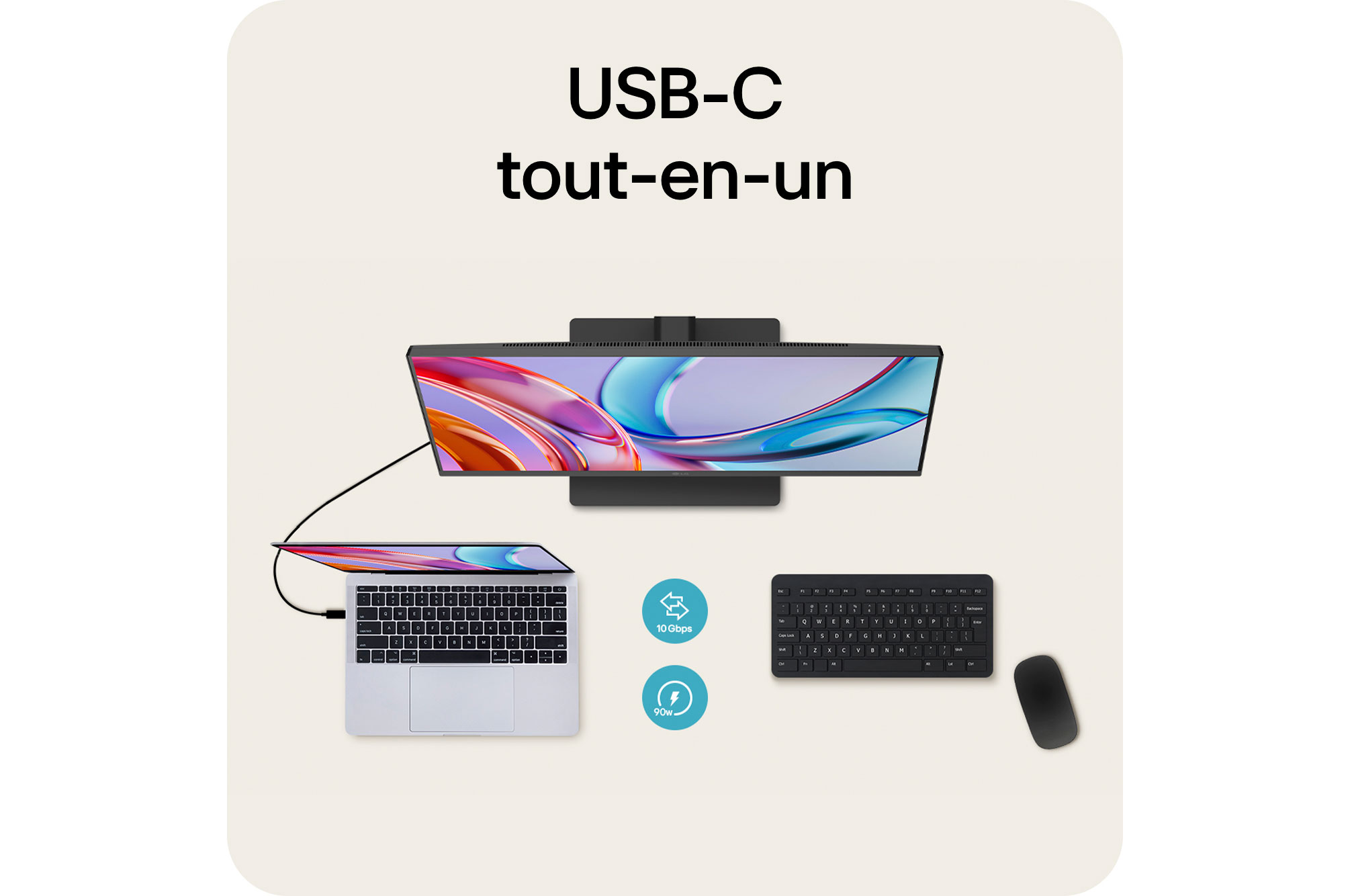 Moniteur LG 27U730A présentant la connectivité USB-C tout-en-un, prenant en charge l'alimentation de 90W et le transfert de données de 10 Gbps via un seul câble.