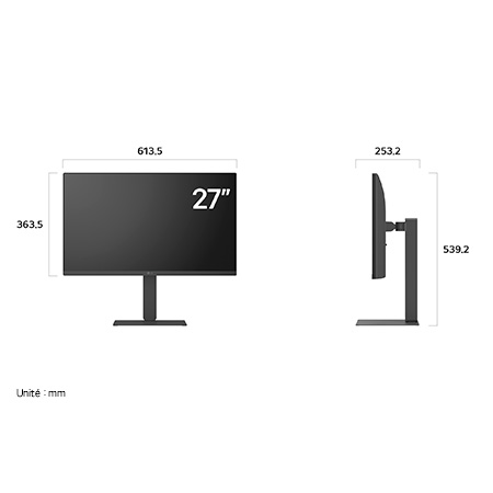 Moniteur LG 27U730A au fini sombre affichant les dimensions de l'écran de 27 pouces, mesurant 613.5 mm de largeur, 363.5 mm de hauteur d'écran, 539.2 mm de hauteur totale et 253.2 mm de profondeur.