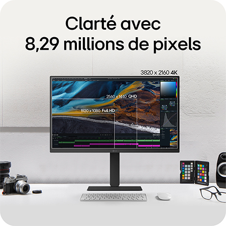 Moniteur LG 27U730A soulignant la clarté grâce à 8,29 millions de pixels avec résolution 4K UHD (3840x2160), affichant des détails précis pour l'édition vidéo et le design.